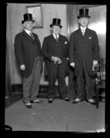 Three civic leaders in top hats and tails at dedication of Los Angeles City Hall, Calif., 1928