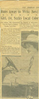 Runs Away to Write Novel.., [newspaper clipping], Los Angeles Examiner, date unknown