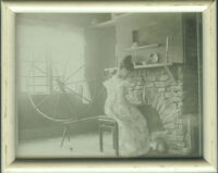 Olive Percival (probably) seated on a spinning wheel at a hearth reading [framed]