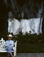 Oaxaca, man sitting on bench, 1982 or 1985