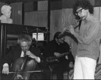 Fred Katz, Father James Perrone & Hyman Katz performing, 1979 [descriptive]