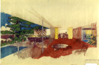 Roven House, perspective rendering in color of living room, view South-West