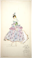 Floral printed, off-the-shoulder dress with blue, pink, and purple ruffles trimmed with red trimmings and green ribbon on front, with matching fur-trimmed hat
