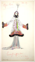 Silver design printed coat with purple and green ribbons in front, pink and orange hems with floral design, brown fur trimming, flowy blue and pink dress underneath, "Djer-Kiss"