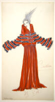 Long bright red dress with gray fur-like bands on top portion, red ribbons along front and high, folded collar, "Sadko"