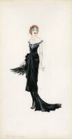 Off-the-shoulder black dress with white leaf designs around bosom, and black feathered fan, "Miss Hampton"
