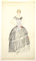 Grayish dress with flowers on sides of dress and bottom of the left-hand side of tasseled bodice and collar, with matching head band