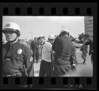 Man arrested as press watch outside of Century Plaza Hotel prior to demonstration during President Johnson's visit. B. 1967.