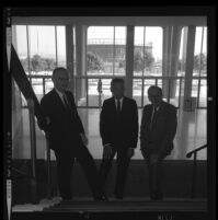 Henry Dreyfuss, left, Lew Wasserman and Walt Disney on grand staircase of Music Center Pavillion, Los Angeles, 1965