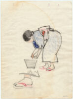 Side View of an Asian Woman in Traditional Clothing [Full figure side view of an Asian woman standing bent over a bucket.]