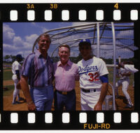 Vin Scully (center), Dodgers announcer, in Dodgertown for Spring Training with pitchers Don Drysdale (left) and Sandy Koufax (right), 1985.