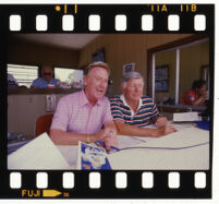 Vin Scully, Dodgers announcer, in the announcer's booth at Dodgertown during Spring Training, 1985.