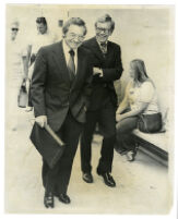 Representative Andrew Hinshaw (left) with his attorney Marshall Morgan, entering court, 1975.