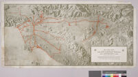 Relief map of territory served by lines of [the] Pacific Electric Railway in Southern California; largest electric railway system in the world