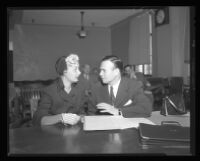 Barbara Payton with Attorney Milton M. Golden in superior court, Los Angeles, 1952