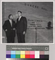 Ralph J. Bunche and Charles E. Young in front of Bunche Hall, UCLA