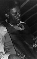 Cleveland Chenier playing a metal washboard, 1977 [descriptive]