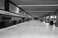 Empty American Airlines ticket counters at Los Angeles International Airport during Transport Workers Union strike, 1969.