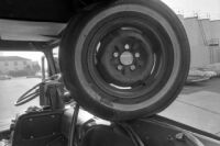 Wheel lodged into gasoline truck's windshield, California 1969