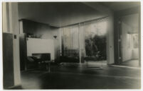 Beard House, view of living room looking out to exterior landscape, Altadena, California, 1934