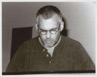 Laurence Hobgood playing the piano (not visible), Los Angeles, August, 1997 [descriptive]