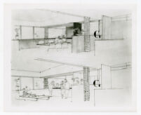 Bailey House, two renderings of living and dining areas, Santa Monica, California, 1947