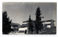 Strathmore Apartments, exterior with views of garage and trees, Los Angeles, California, 1937