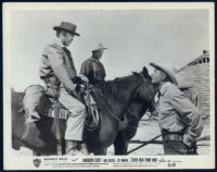 Randolph Scott, Lee Marvin and Donald 'Red' Barry in a scene from Seven Men From Now
