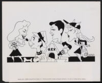 Caricatures of Peggy Dow, Dick Powell, Charles Drake and Joyce Holden by artist Jacques Kapralik for You Never Can Tell