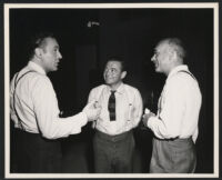 Charles Boyer, Peter Lorre, and Herman Shumlin on the set of "Confidential Agent"