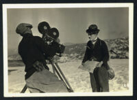 Charlie Chaplin and unidentified crew member on the set of The Gold Rush