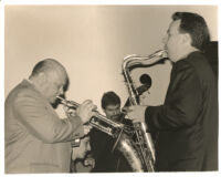 Warren Vaché playing the trumpet and Harry Allen playing the tenor sax, Los Angeles [descriptive]