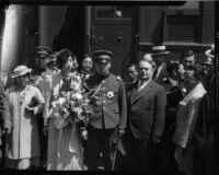 Prince and Princess Kaya of Japan pose with Mayor Frank Shaw at La Grande Station, Los Angeles, 1934