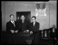 Frank Koehane, Jack Kearns and an unidentified man in court, Los Angeles, 1934