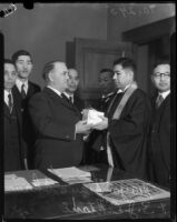 Arch-Abbott S. Ohtani presents Mayor Frank L. Shaw with a gift, Los Angeles, 1934