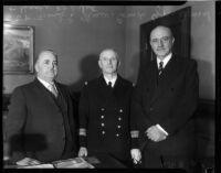Capt. Yves Donval poses with French Consul Henri Didot and Mayor Frank L. Shaw, Los Angeles, 1935