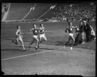 USC and Berkeley track members compete in an 880 yard race at Memorial Coliseum, Los Angeles, 1935