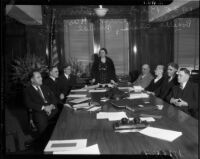 New members of the Board of Education discuss issues, Los Angeles, 1935