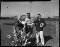 Frank Shellenback addresses a crowd during a game in his honor at Wrigley Field, Los Angeles, 1935