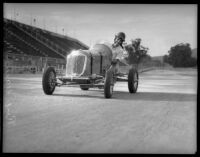 Race car driver Rex Mays competes at the Legion Ascot speedway, Los Angeles, 1935