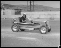 Race car driver Bob Swanson competes at the Legion Ascot speedway, Los Angeles, 1935