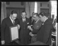 Looking at dart game exhibit at trial of William Freelove, Beverly Hills, October 9, 1935