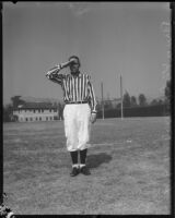 College football referee Bruce Kirkpatrick demonstrating hand signals, Los Angeles, circa 1935