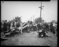 Crowd around wreckage from George (Tony) Schwamm plane crash, Los Angeles, October 1935