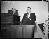 Officer J.F. Galey gives testimony heard by Deputy Coroner Frank Monfort during unknown inquest, Los Angeles