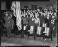 Student teachers at UCLA take pledge of allegiance to the flag, circa 1935
