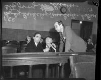 Busby Berkeley, mother, and lawyer Jerry Giesler in courtroom for Berkeley's vehicular manslaughter trial, Los Angeles, California, 1935