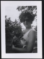 Judith Wallet Bordage Huxley with cat [descriptive]