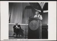 Aldous Huxley at podium at Dartmouth College, Hanover, NH, 1960