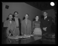 S. Ward Sullivan, Jack Santo, Emmett Perkins, Barbara Graham and Jack Hardy during the Monahan murder trial, Los Angeles, 1953